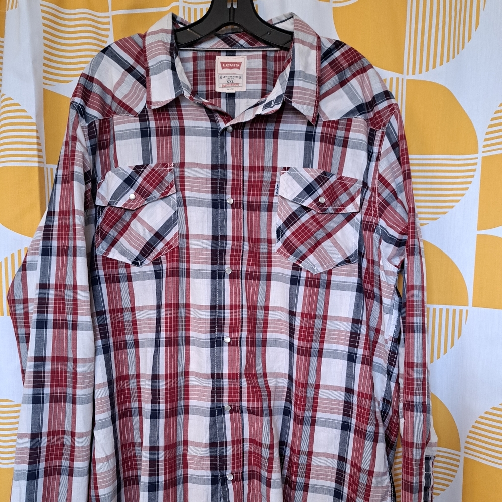 Mens Levis Maroon/ Black/ White/ Gray Plaid Pearl Snap Western Shirt XXL